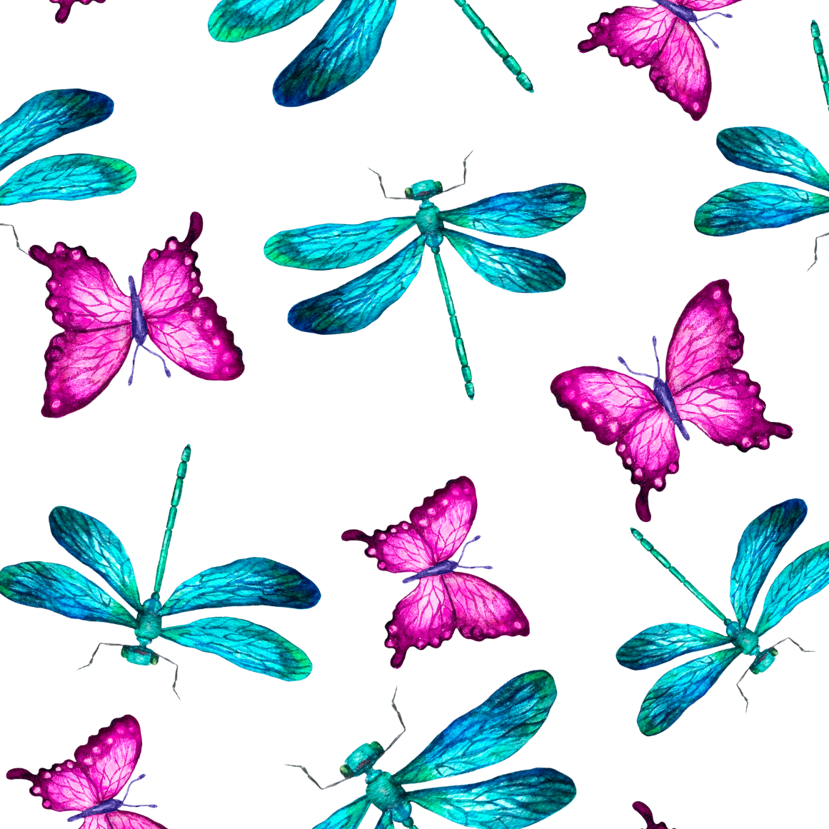 Blue dragonflies and pink butterflies on white background