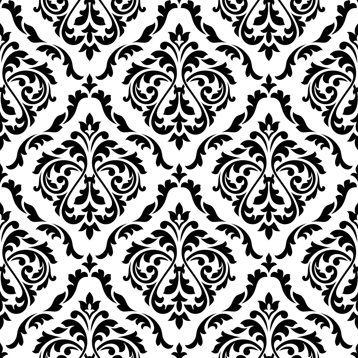 Black damask print on white background