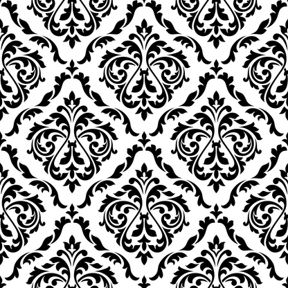 Black damask print on white background