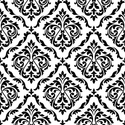 Black damask print on white background